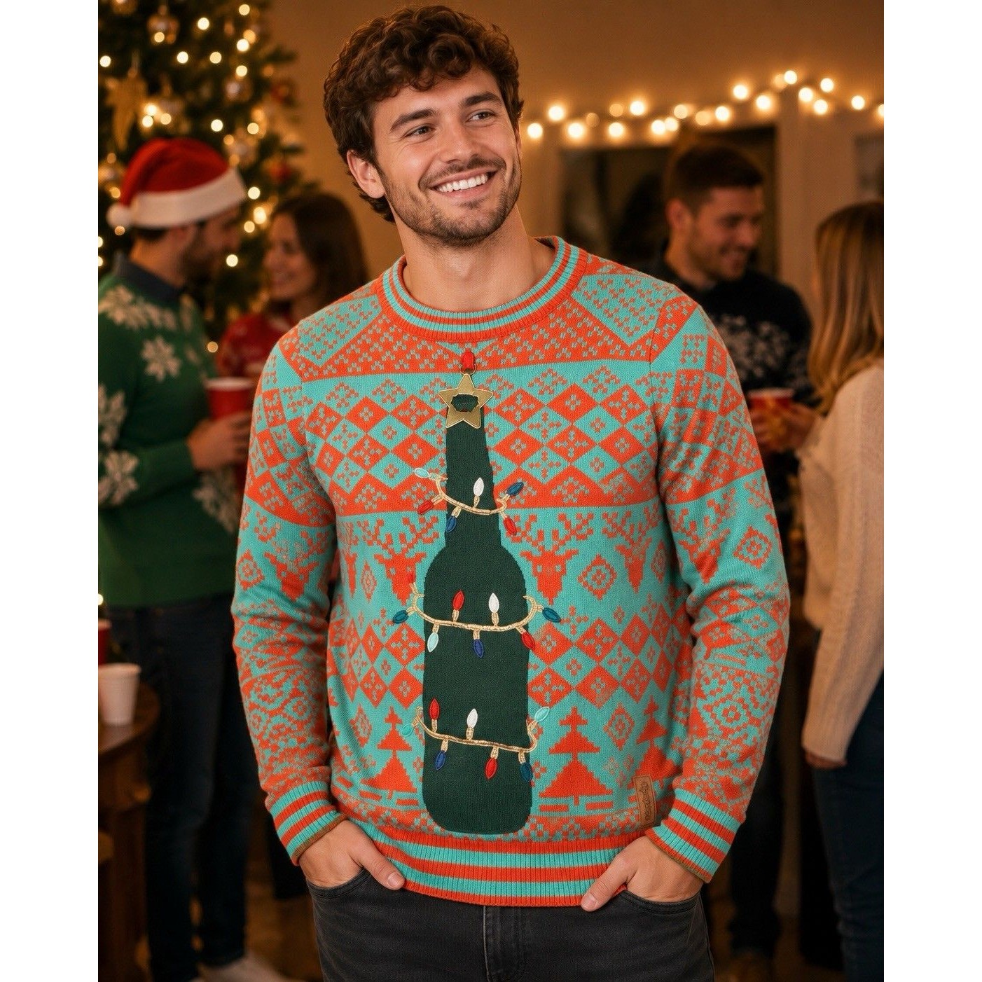 Tipsy Elves Mens Bottle Opener Ugly Christmas Sweater Sz Sm Beer Lights Redgreen